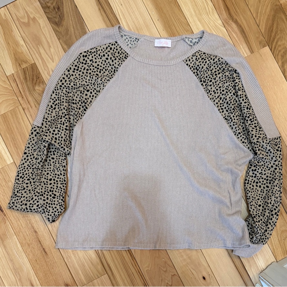 Pink Lily Beige and Leopard Long Sleeve Top